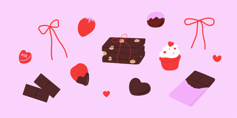 Valentine's Day Chocolates and Strawberries. Decorative Vector Illustration.