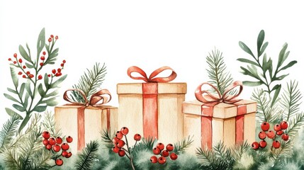 A charming watercolor scene featuring beautifully wrapped Christmas gifts surrounded by festive greenery and red berries.