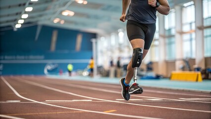 Obraz premium A determined athlete with a prosthetic leg sprinting on an indoor track. The image represents strength, determination, adaptive sports, and overcoming challenges through resilience and dedication.
