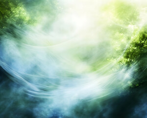 Ethereal forest scene, dreamy mist, soft light, green foliage, peaceful nature background, magical atmosphere, fantasy landscape.