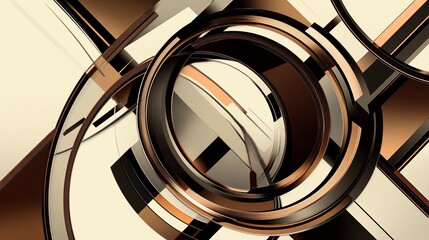 Abstract artwork featuring intersecting brown and black rings and angular forms in a modern design
