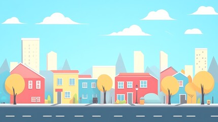 Obraz premium Colorful Suburban Street Scene with Houses and Trees