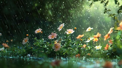 Blossoms under the first spring rain, calm and refreshed