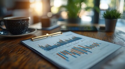 Business Charts and Graphs on Clipboard Coffee Shop Setting Financial Data Analysis