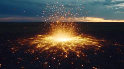 Golden Sparks Exploding Across a Field at Dusk