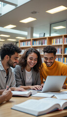 Obraz premium Three happy young people collaborating on a laptop in a vibrant library with books around