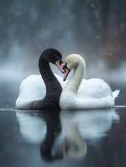 Fototapeta premium Elegant Black and White Swans Displaying Affection on Serene Water