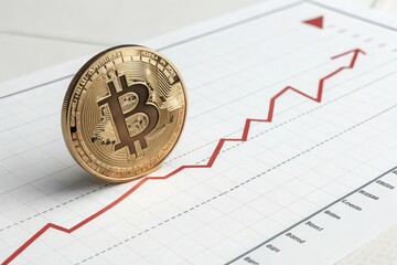Golden Bitcoin Coins with Growing Graphs and Arrows Representing Cryptocurrency Market Growth, Financial Investment Success, Blockchain Technology, and Digital Currency Trading on White Background
