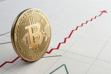 Golden Bitcoin Coins with Growing Graphs and Arrows Representing Cryptocurrency Market Growth, Financial Investment Success, Blockchain Technology, and Digital Currency Trading on White Background