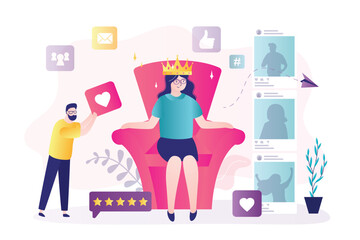 Popular media blogger creates interesting content. Very important person in crown sitting on throne, five stars review and high ranking. Successful social media influencer,