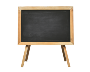 A blank black chalkboard sign on an A-frame stand, isolated against a white background with no shadows. The frame is made of light wood and has straight edges.