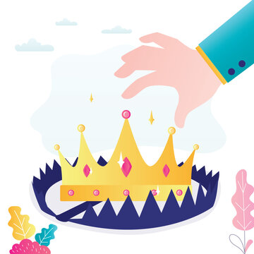 Golden crown in trap. Bait for greed people. The lure of popularity, fame and wealth. Lie to deceive gullible people. Dangerous, risk to lost money. Risk management.