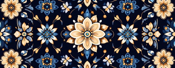 Seamless pattern of intricate Middle Eastern tile designs in blue and gold, luxurious and ornate