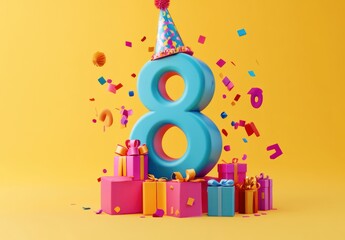 3D realistic number "8" with a party hat and presents. Birthday concept, with colorful confetti isolated on a yellow background