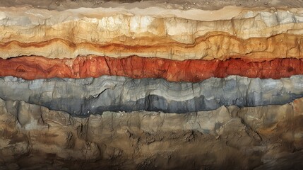 A deep sandpit reveals stunning geological layers, with exposed rock formations and strata showcasing the Earth's natural history.