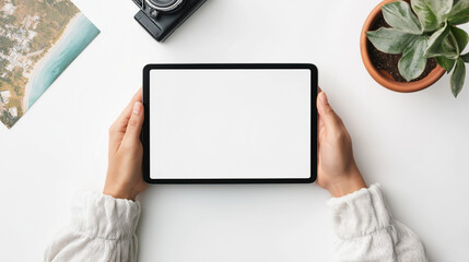 hand holding tablet pc ,blank horizontal tablet pc mockup, empty tablet screen template on white background