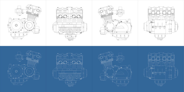 Engineering Blueprint of a 750cc 4-Cylinder Motorcycle Engine in Multiple Angles