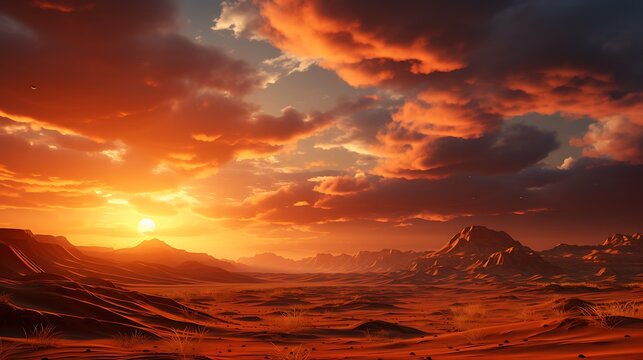 A peaceful sunset casting a golden glow over smooth, rolling sand dunes.