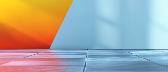 Brightly lit minimalist studio space features cool blue and warm orange hues. AI Generated