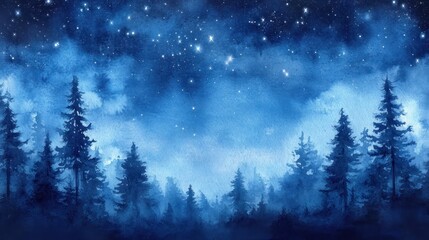Fototapeta premium Watercolor Night Sky Over Silhouetted Pine Forest