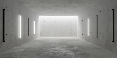 Abstract empty, modern concrete room with rows of fluorescent tubes on the side walls and rough floor - industrial interior background template