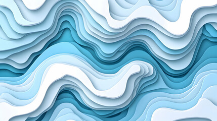 Fototapeta premium Abstract blue and white layered wave pattern, modern paper cut design, 3D illustration, background texture.