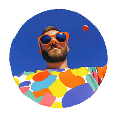 Fototapeta premium man wearing colorful sunglasses and vibrant shirt takes selfie with fish eye lens against clear blue sky