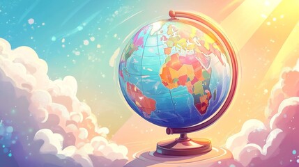 Naklejka premium A colorful globe sits on a table with a cloudy sky in the background. The globe is surrounded by a rainbow, giving the image a whimsical and playful feel