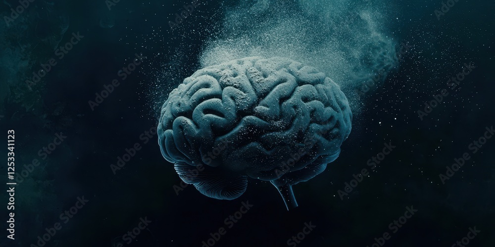 Poster brain is shown in a black background with a white cloud of dust