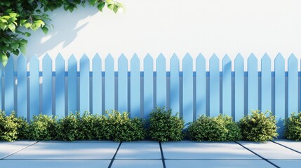 3D rendering of a blue pastel picket fence with green bushes at the bottom and top.