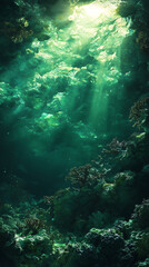 Obraz premium sunlight streaming through crystal clear green waters illuminating an underwater coral reef with vibrant marine life and textured rock formations creating a serene and mystical aquatic scene