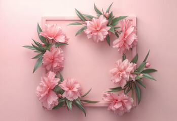Delicate floral frame with pink peonies and green leaves on a pastel pink background in a modern decorative arrangement