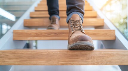 Person Walking Down Stairs in Stylish Brown Boots in Modern Space