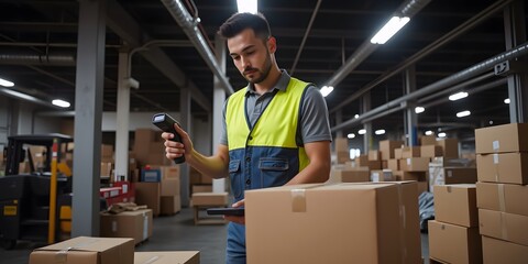Focused warehouse worker scans packages, ensuring efficient inventory management.  He carefully checks each item for accuracy.