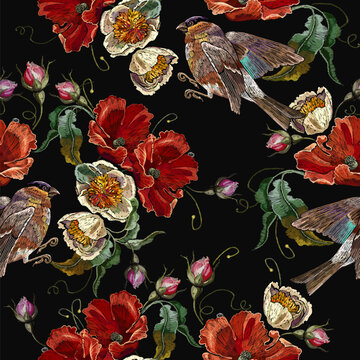 Red poppies, yellow peonies flowers and birds. Fashion floral template for clothes, t-shirt design. Embroidery art style. Summer garden seamless pattern
