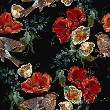Yellow peonies flowers, red poppies and birds. Summer garden seamless pattern. Fashion floral template for clothes, t-shirt design. Embroidery art style