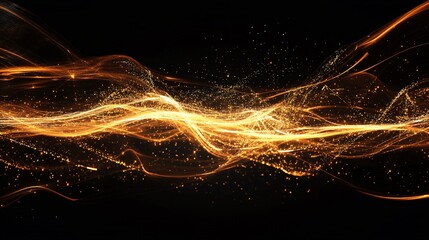 Abstract golden energy waves flowing across black background with luminous sparks and strands