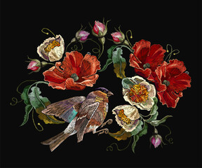 Yellow peonies flowers, red poppies and birds. Fashion summer template for clothes, t-shirt design. Embroidery floral art style