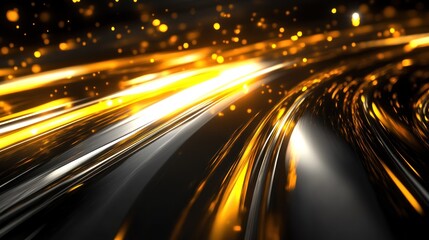 Abstract glowing gold and silver streaks on black background.