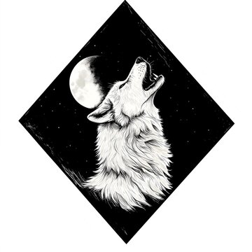 recommend clip art: Wildlife wolf howling moon diamond decal featuring nature wilderness animal night forest artistic dramatic silhouette modern minimal design black white illustration