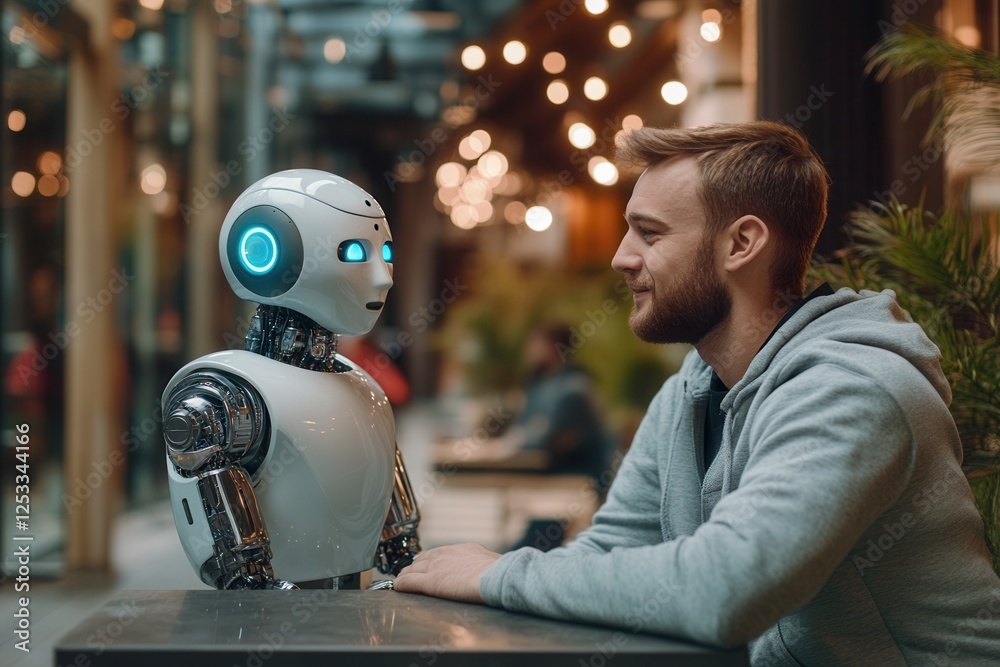 Poster man talking with robotic ai. chat bot ai. artificial intelligence conversation .