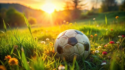 Fototapeta premium Golden hour sunlight illuminates a weathered soccer ball nestled in a vibrant meadow of wildflowers and tall grass.