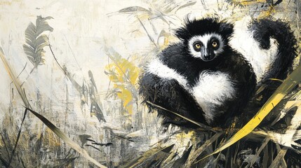 Fototapeta premium Black and White Lemur in Tropical Habitat: A Masterpiece of Artistic Expression