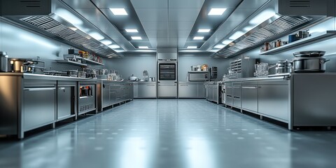 Naklejka premium Modern Stainless Steel Commercial Kitchen Interior Design