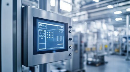 A control panel with an LED display in a modern factory hall, an industrial concept of a digital quality management system for the production process and innovative technology on a white background. 