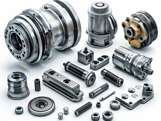 Precision machine parts on white. Industrial components background