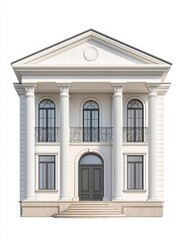 Obraz premium Classical Facade: Elegant architecture showcased in this detailed image, a house with tall columns, symmetrical design, window and a majestic entrance.
