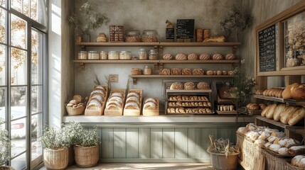 Fototapeta premium Cozy Bakery Display with Fresh Breads and Pastries on Shelves