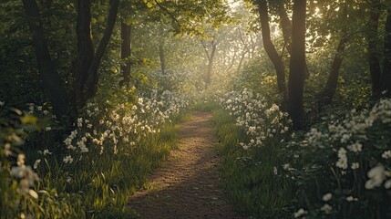 Fototapeta premium A serene forest pathway lined with wildflowers, leading to a hidden grove with sunlight filtering through the trees