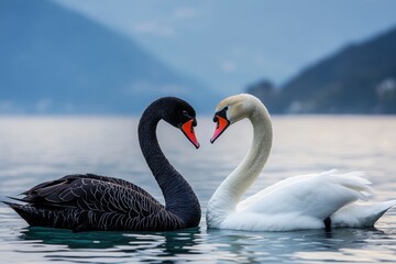 Fototapeta premium Elegant Pair of Black and White Swans on Calm Lake Surface